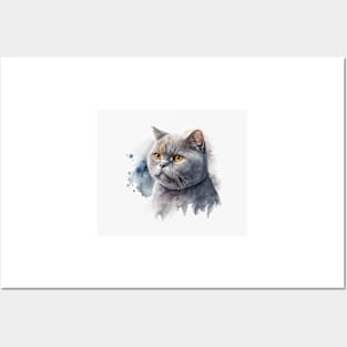 British Shorthair Cat Watercolour Painting Posters and Art